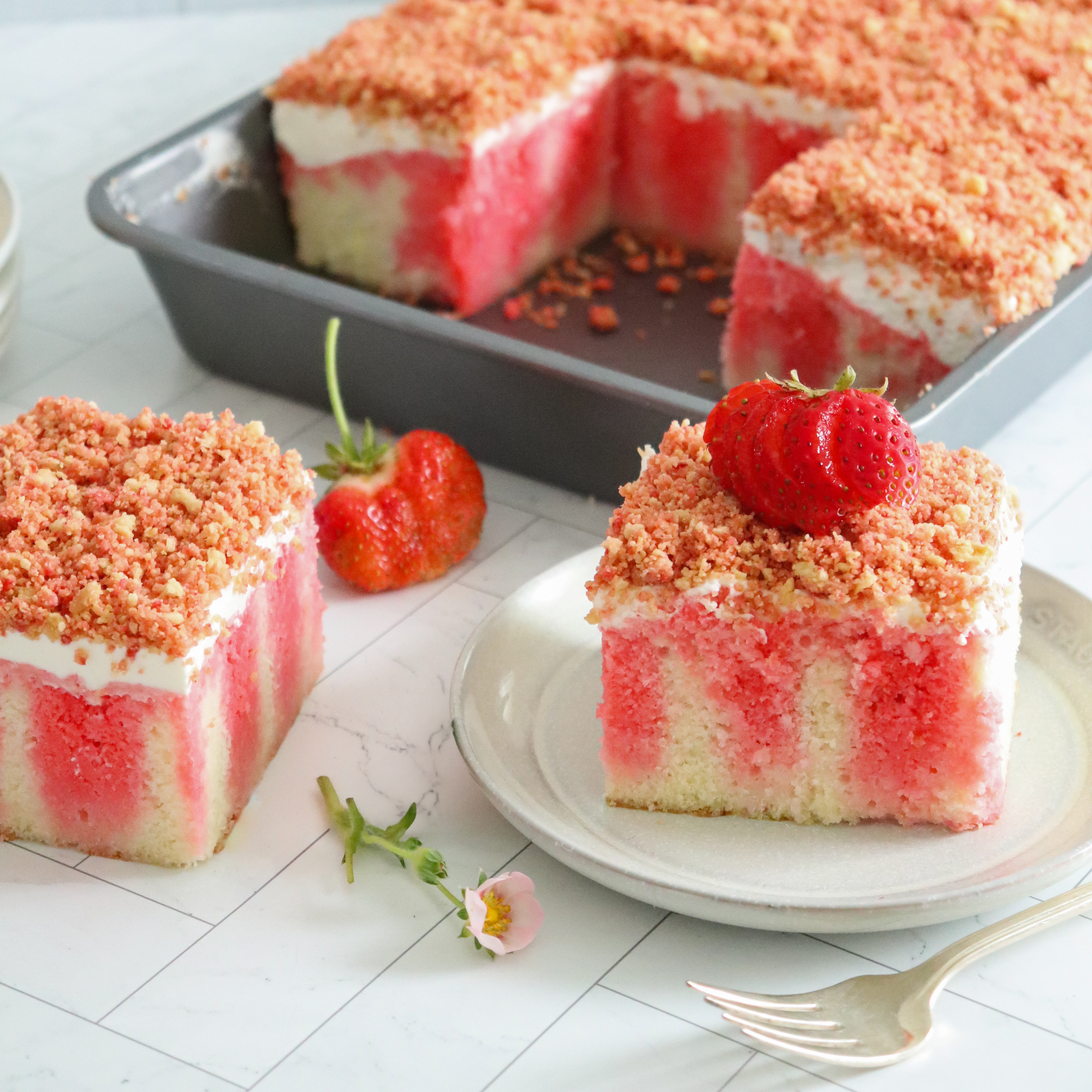Strawberry Crunch Poke Cake